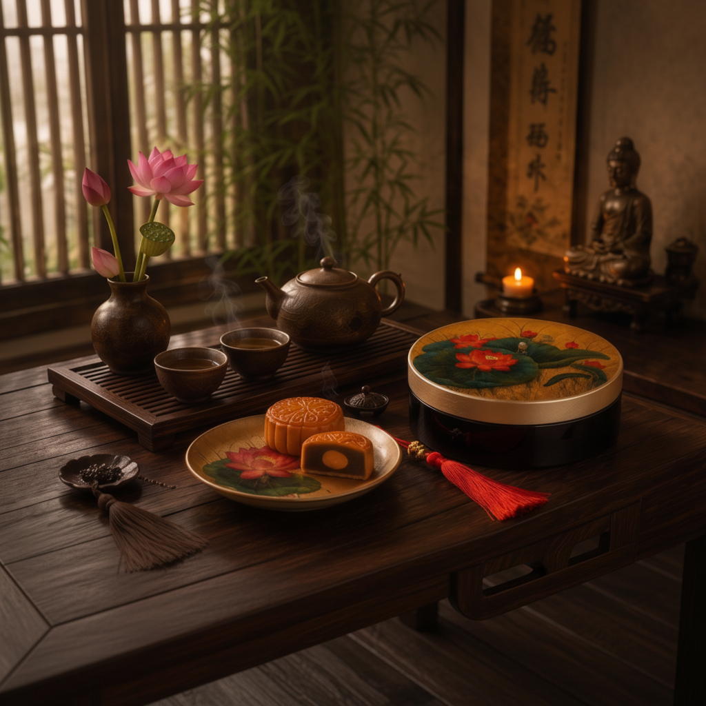 Hộp bánh trung thu sơn mài Hồng Liên Thưởng Nguyệt - Image 2