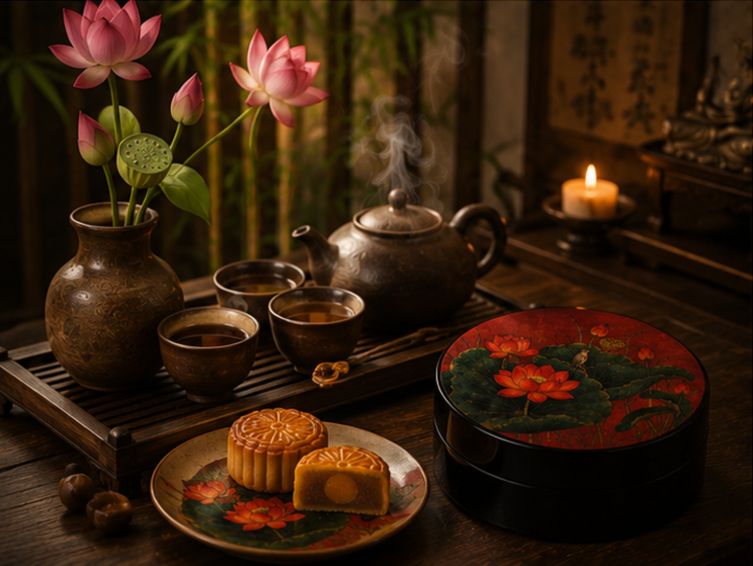 Hộp bánh trung thu sơn mài Chu Sa Liên Hoa - Image 2