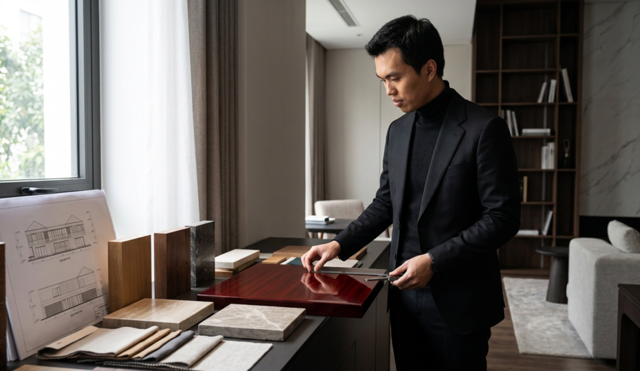 KTS Nguyễn Trung Thành quan sát sản phẩm sơn mài trong không gian nội thất đương đại