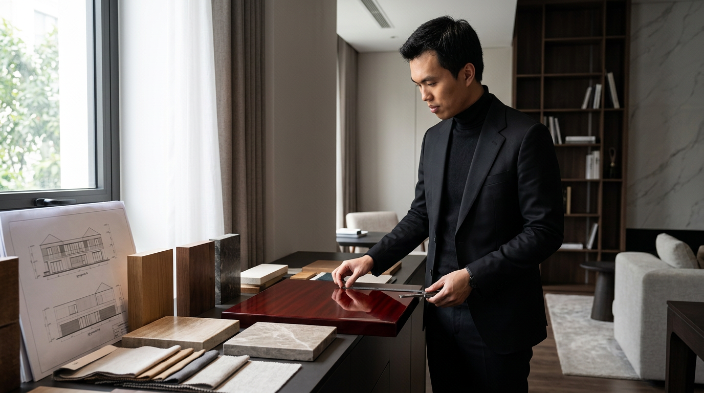 KTS Nguyễn Trung Thành quan sát sản phẩm sơn mài trong không gian nội thất đương đại