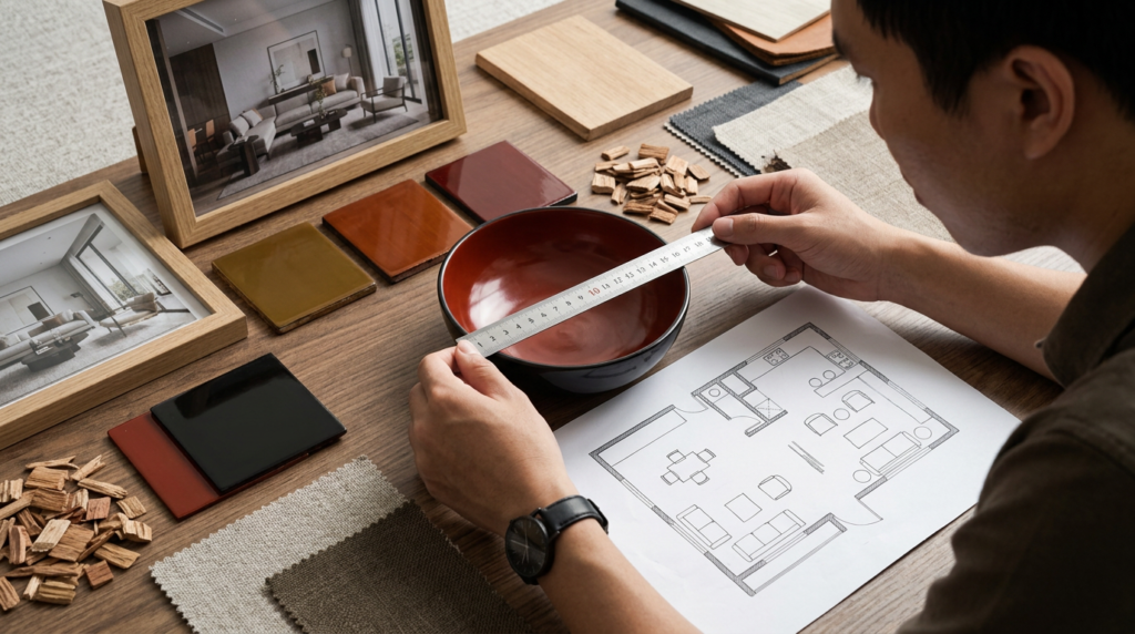 Kiến trúc sư đối chiếu sản phẩm sơn mài với bản vẽ và mẫu vật liệu nội thất.