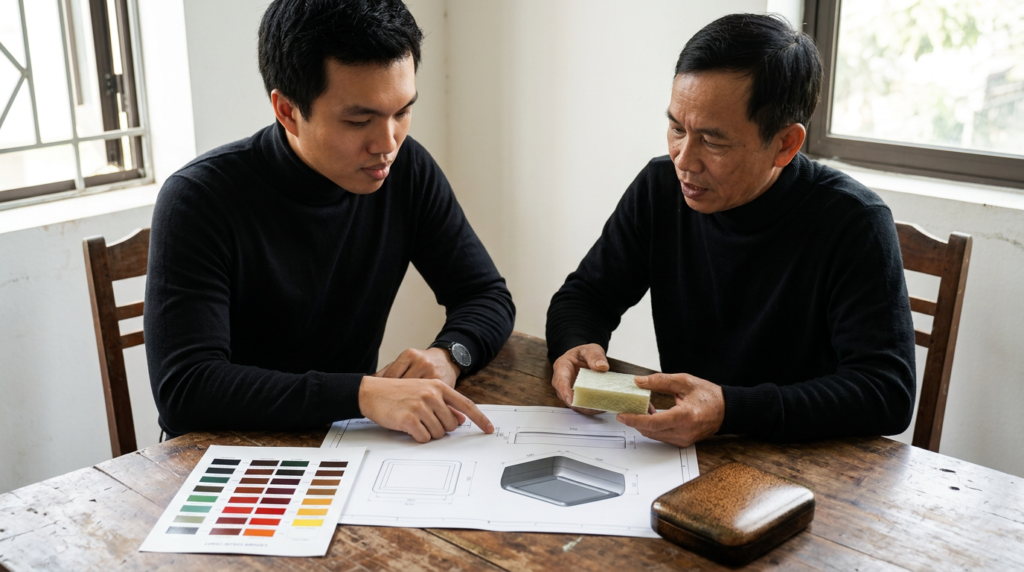 Nhà thiết kế và người chế tác trao đổi bản vẽ, mẫu màu và cấu tạo sản phẩm sơn mài.