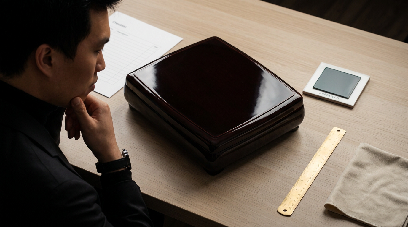 Sản phẩm sơn mài được kiểm tra cạnh, góc và bề mặt dưới ánh sáng xiên.
