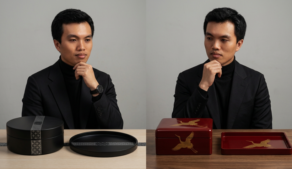 Hộp trà và khay trà sơn mài nên liên kết bằng màu hay hình?