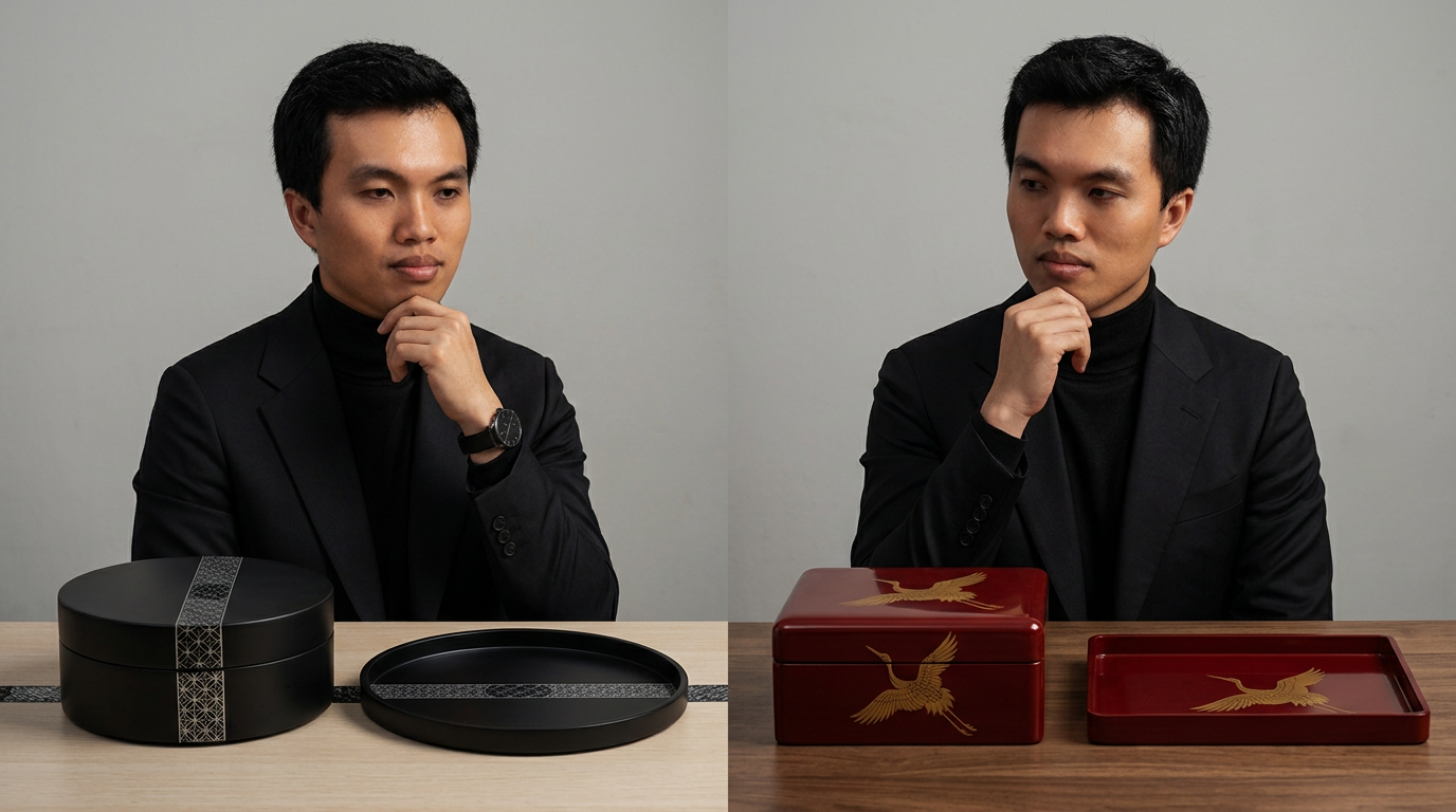 Hộp trà và khay trà sơn mài nên liên kết bằng màu hay hình?
