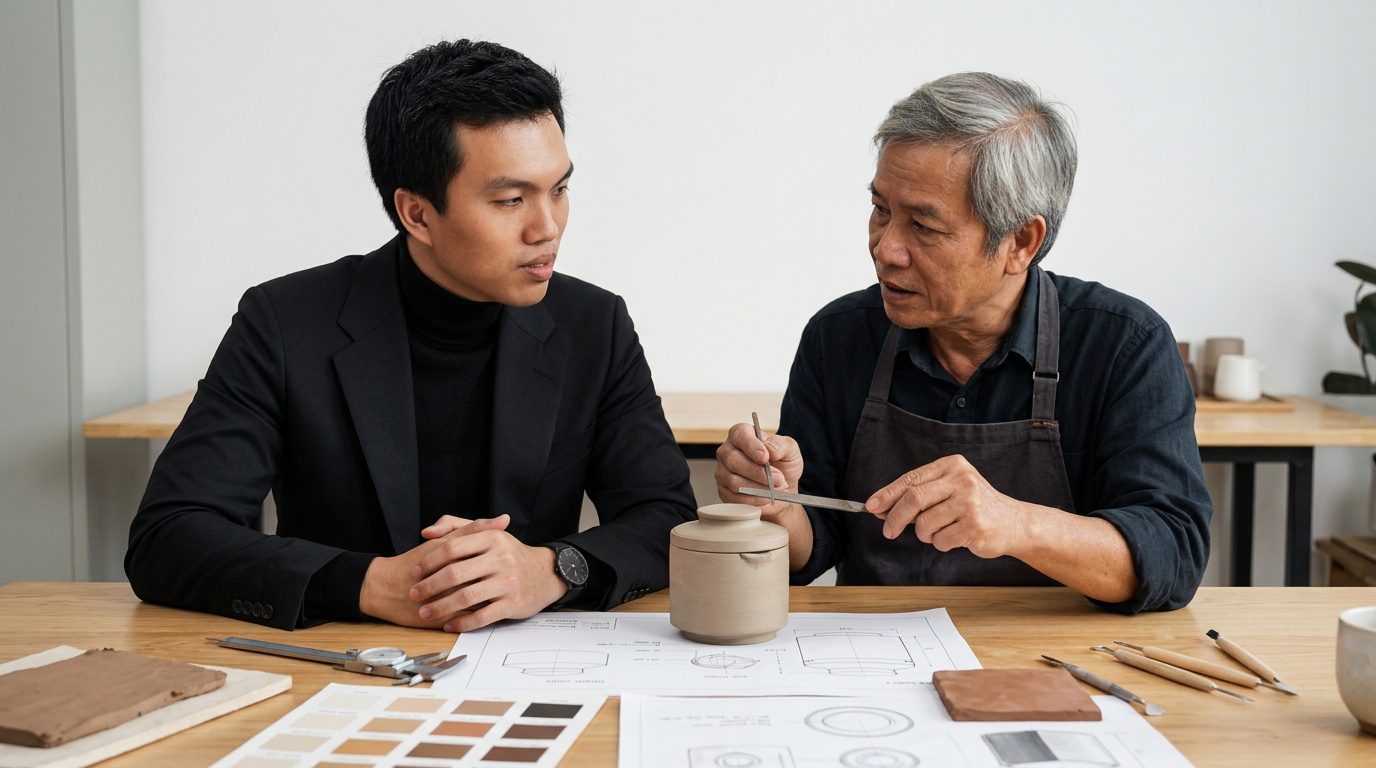 Nhà thiết kế và người chế tác trao đổi điều gì trước khi làm mẫu?