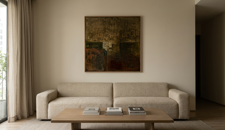 Tranh sơn mài được treo theo tỷ lệ với sofa và mảng tường trong phòng khách đương đại.