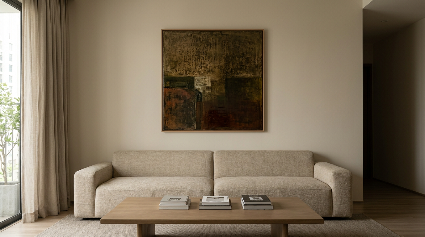 Tranh sơn mài được treo theo tỷ lệ với sofa và mảng tường trong phòng khách đương đại.