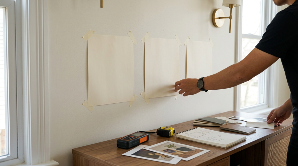 Ba mockup giấy được thử trên mảng tường để so sánh kích thước tranh trước khi khoan treo.