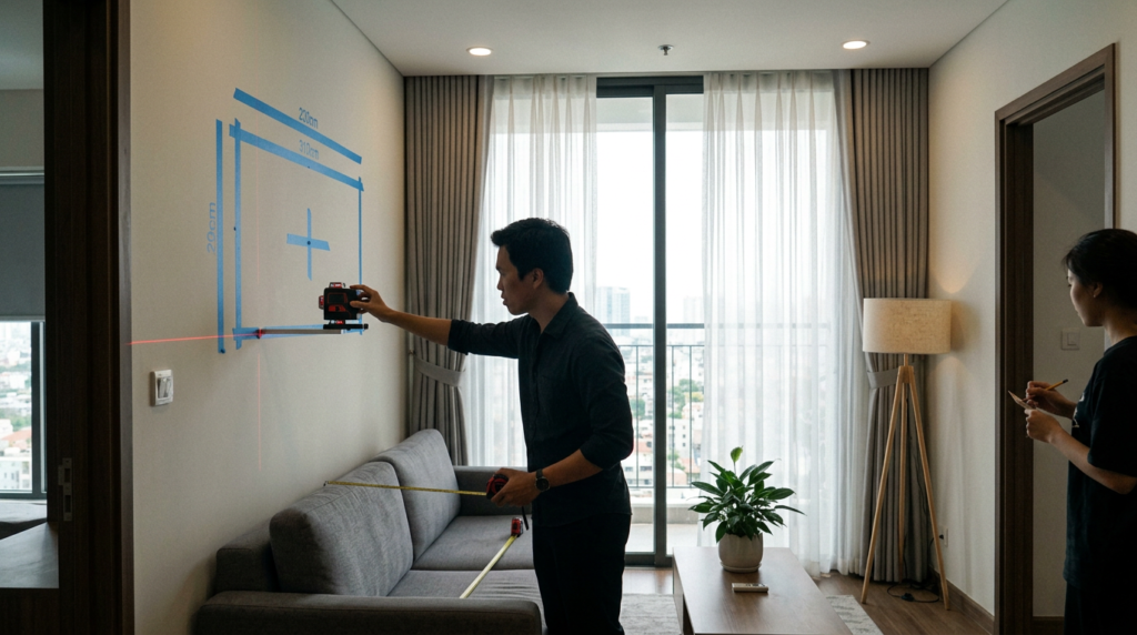 Kiến trúc sư đo vùng tường hữu ích phía trên sofa trước khi chọn kích thước tranh sơn mài.