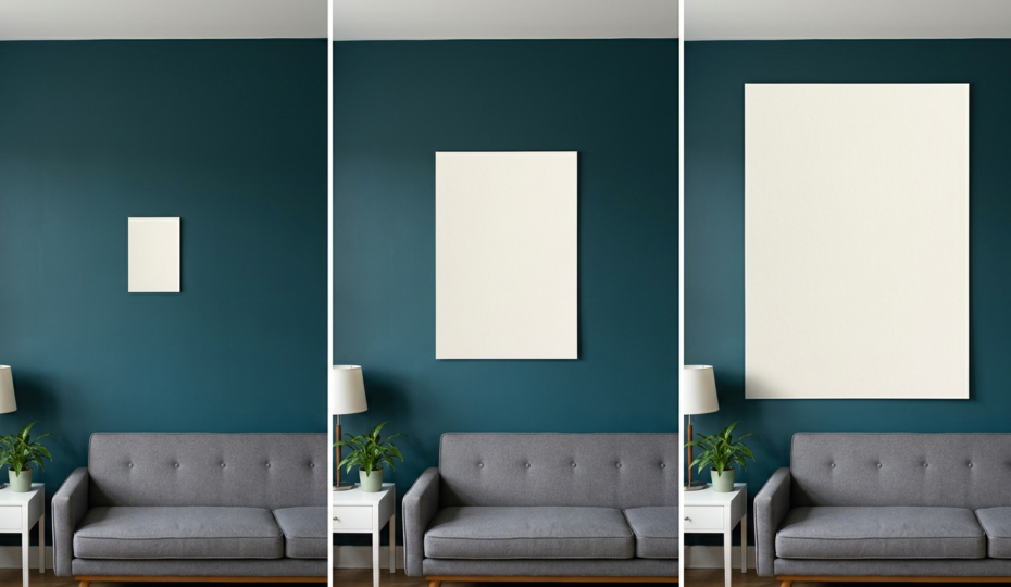 Ba mockup kích thước khác nhau được thử trên cùng mảng tường để đánh giá tỷ lệ tranh.