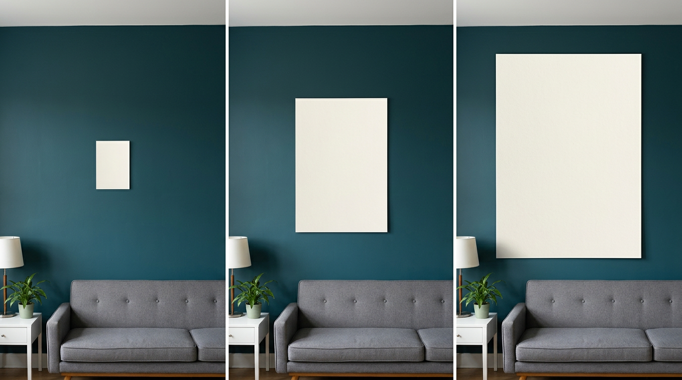 Ba mockup kích thước khác nhau được thử trên cùng mảng tường để đánh giá tỷ lệ tranh.