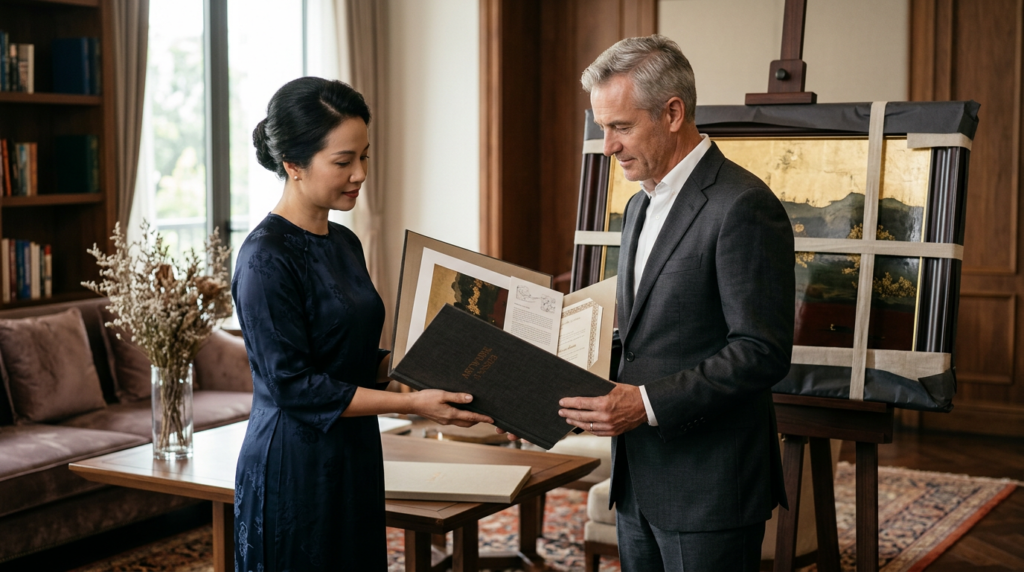 Tranh sơn mài được trao tặng cùng hồ sơ tác phẩm và thẻ câu chuyện trong không gian tiếp khách.